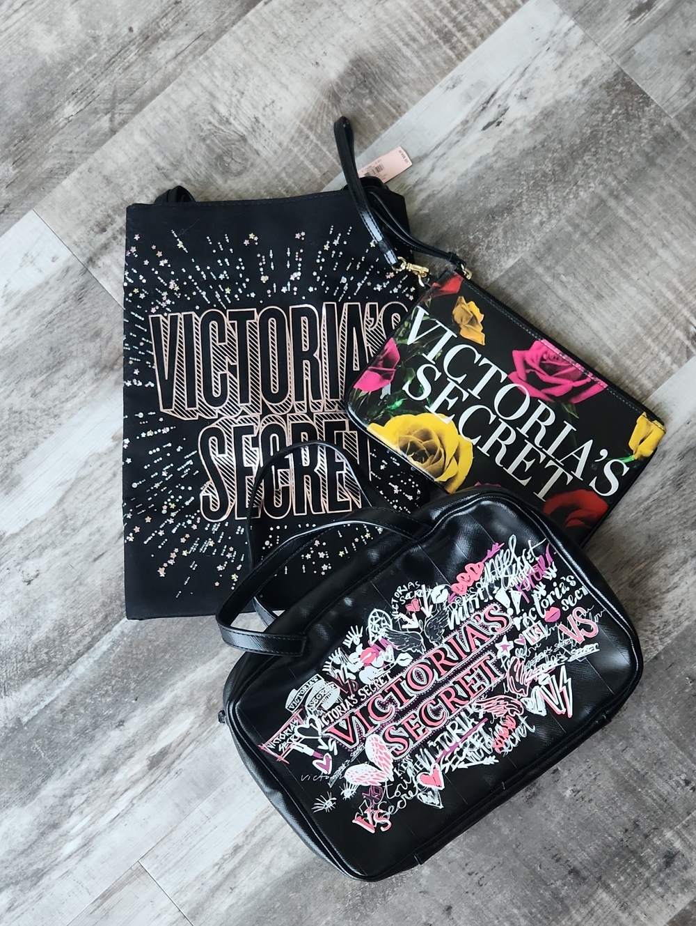 Victoria's Secret Black Tote, Floral Wristlet & Graphic Cosmetic Bag Set